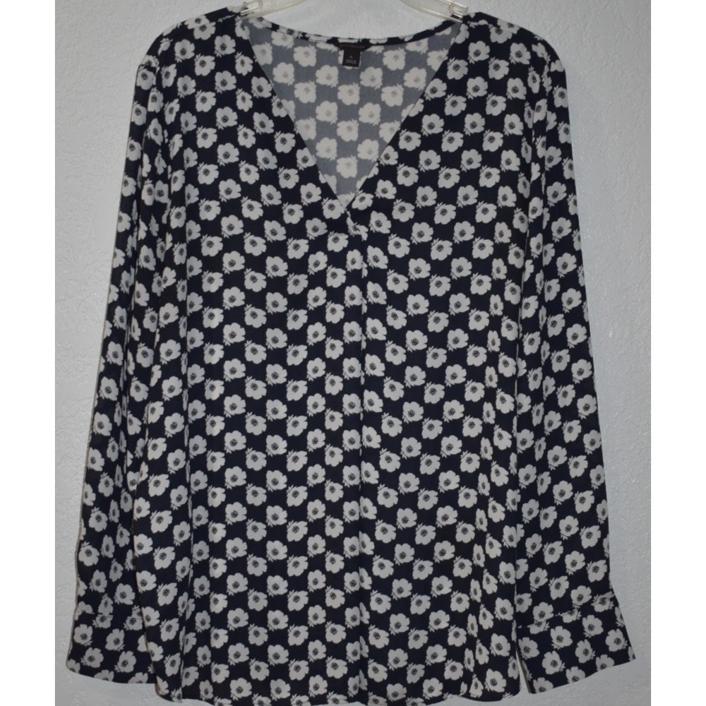 Ann Taylor XL Popover Top Black White Floral Lightweight Comfy Stretch Long Slv